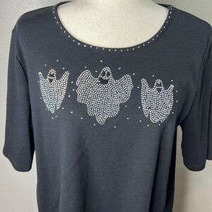 QUACKER FACTORY Halloween Top Shirt Blingy Ghosts Heavyweight Black Stretchy L‎